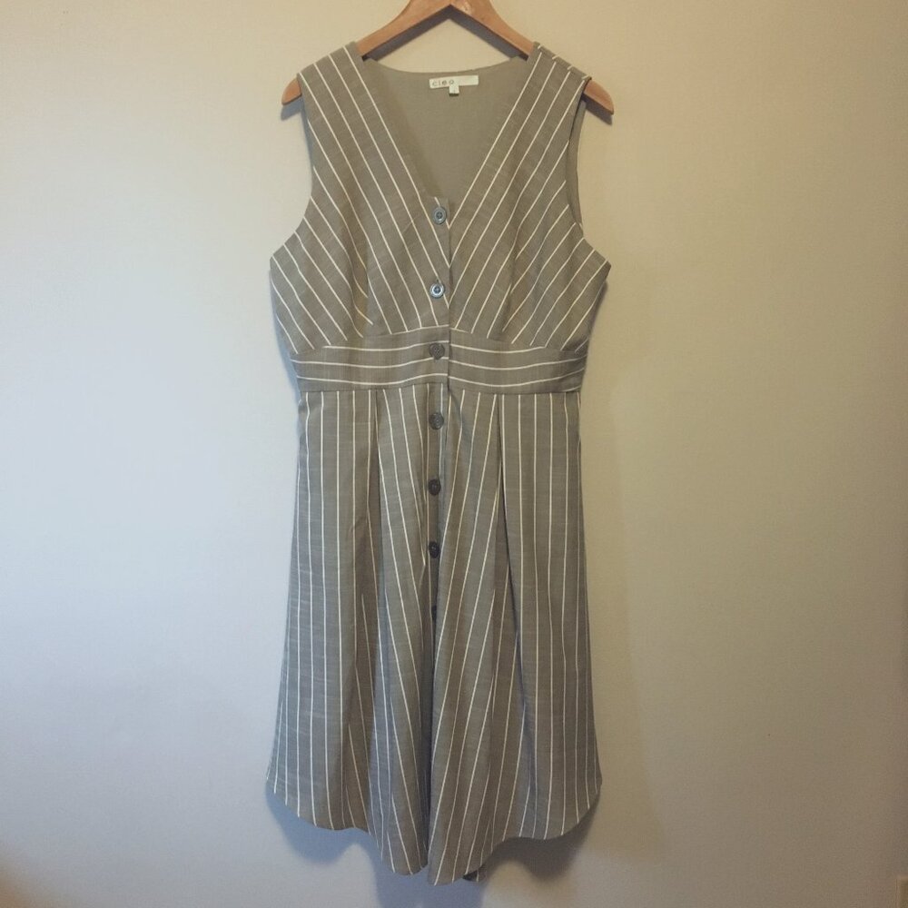 VTG Y2K Cleo Striped Linen Look Midi Button Down Dress 14 Academia Babydoll - Picture 3 of 15